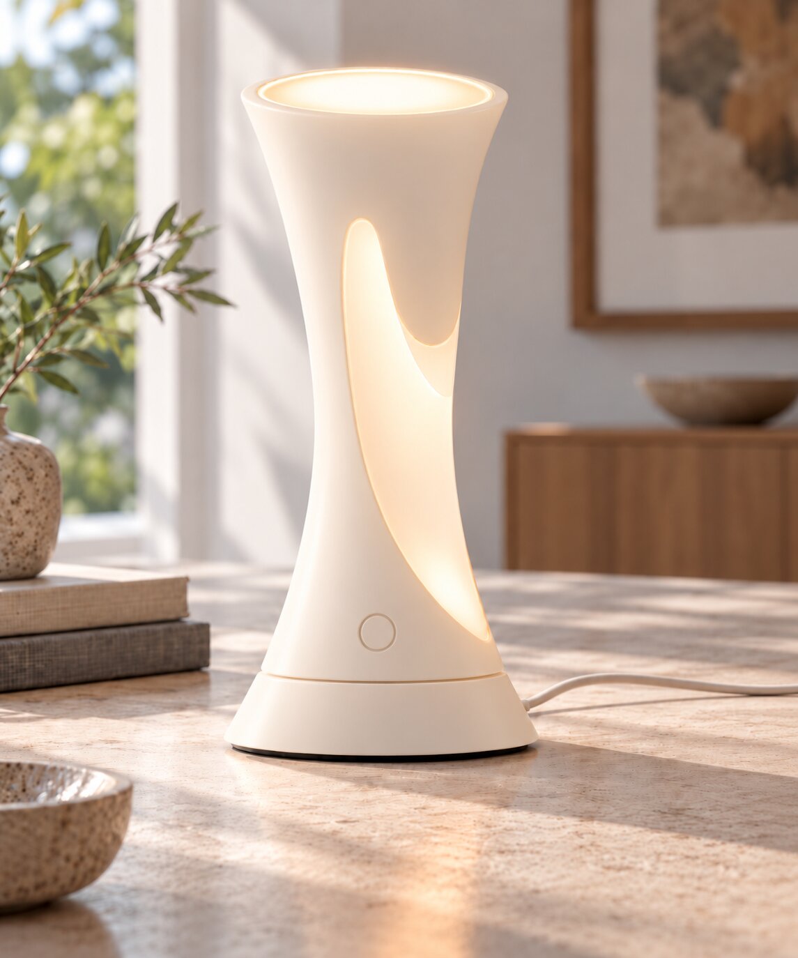 Concept 4 render, seamless material body with power button detail and glowing negative space